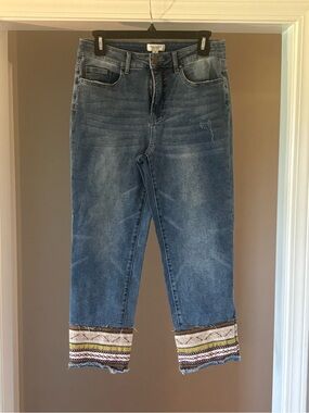 Tru Luxe Jeans Blue Denim Ankle Jeans with Embellished Cuffs